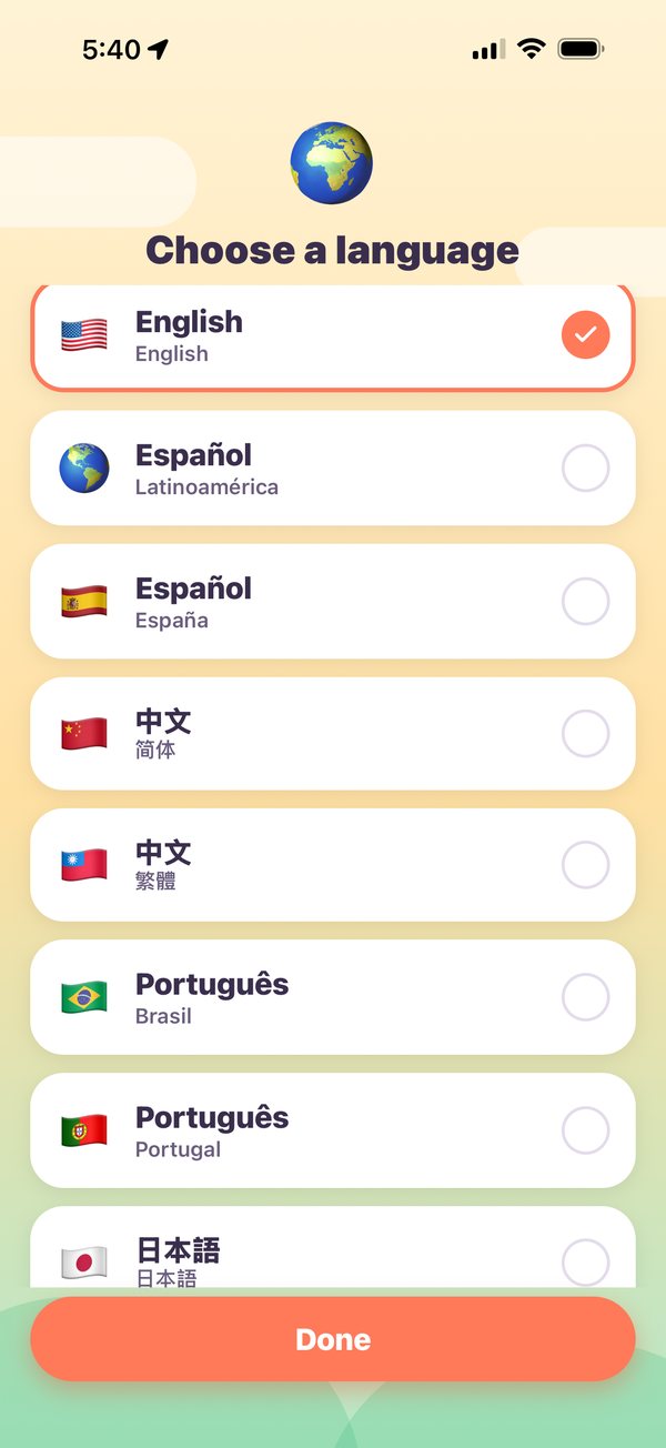 Little Adders language picker showing English, Spanish, Chinese, Portuguese and Japanese